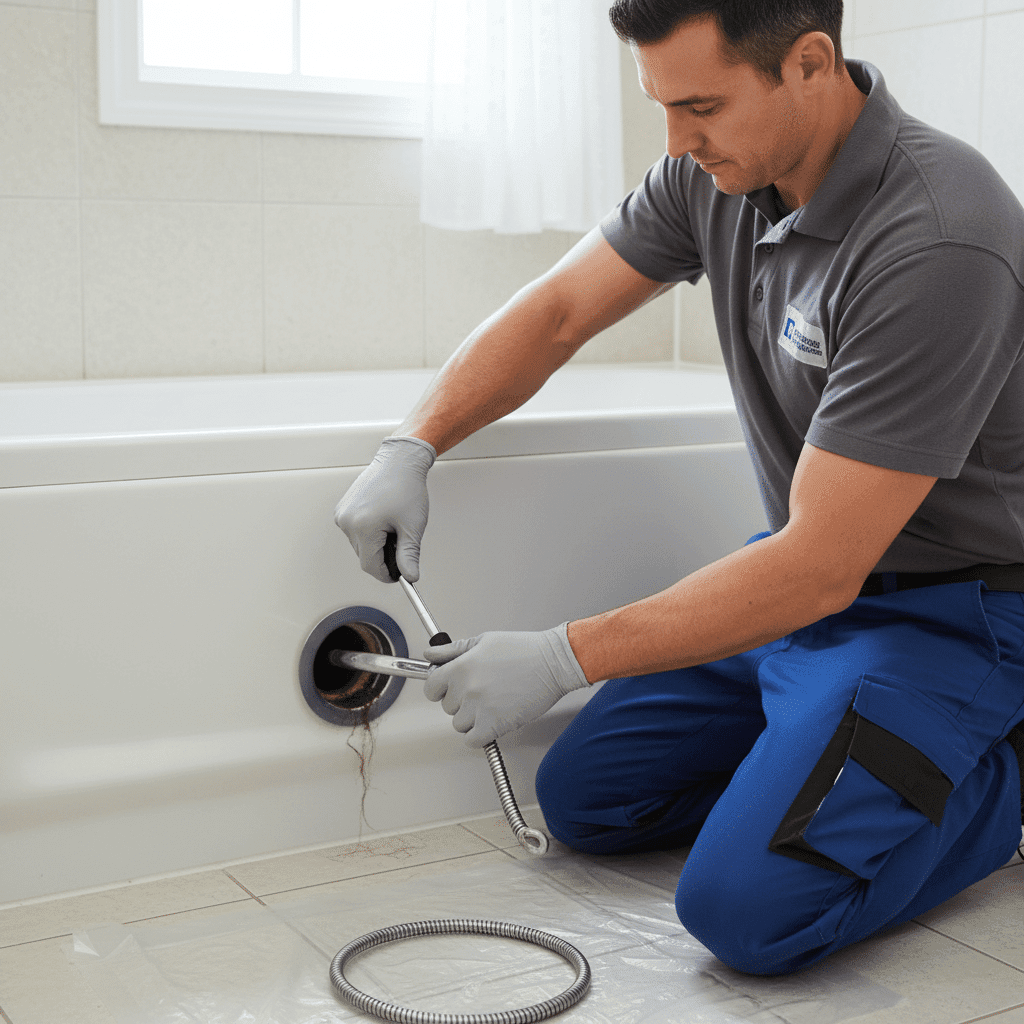 Plumber removing bathtub drain cover for professional cleaning