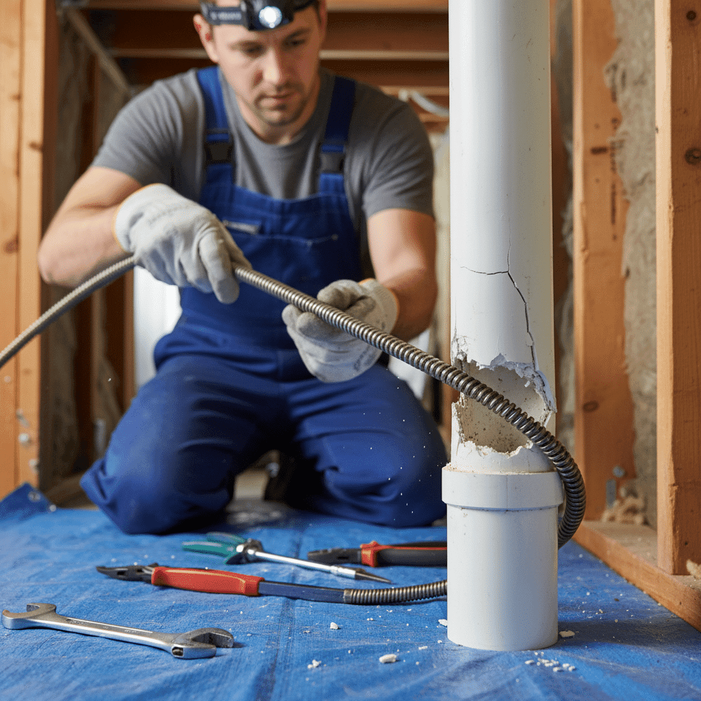 Plumber removing improperly used drain cleaning tool from pipe