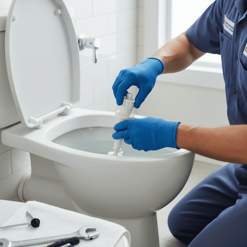 Professional plumber repairing toilet internal components in Fort Myers home