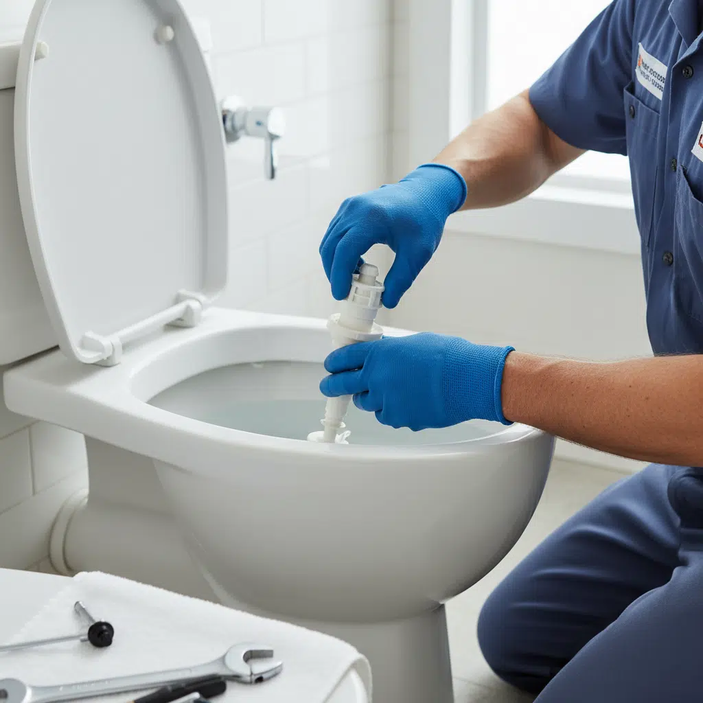 Professional plumber repairing toilet internal components in Fort Myers home
