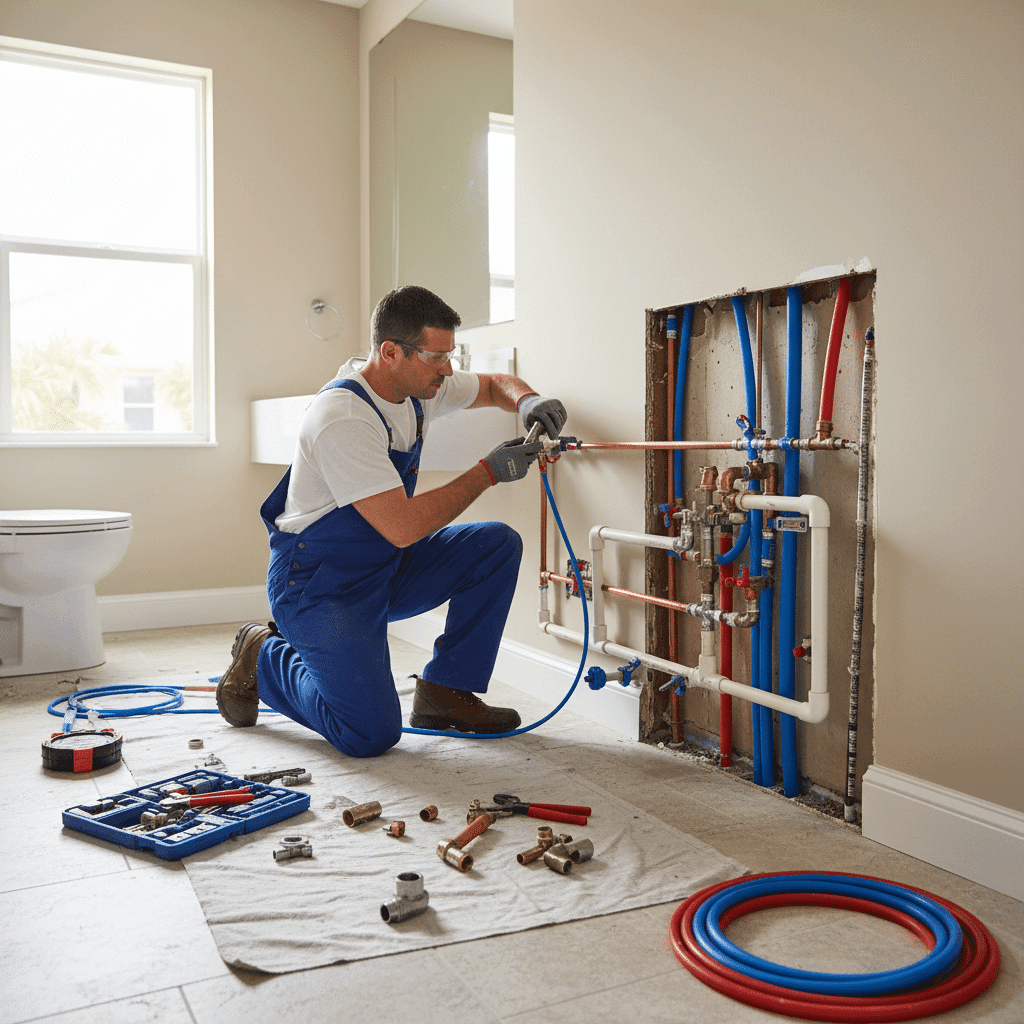 Plumber rerouting pipes during major plumbing update