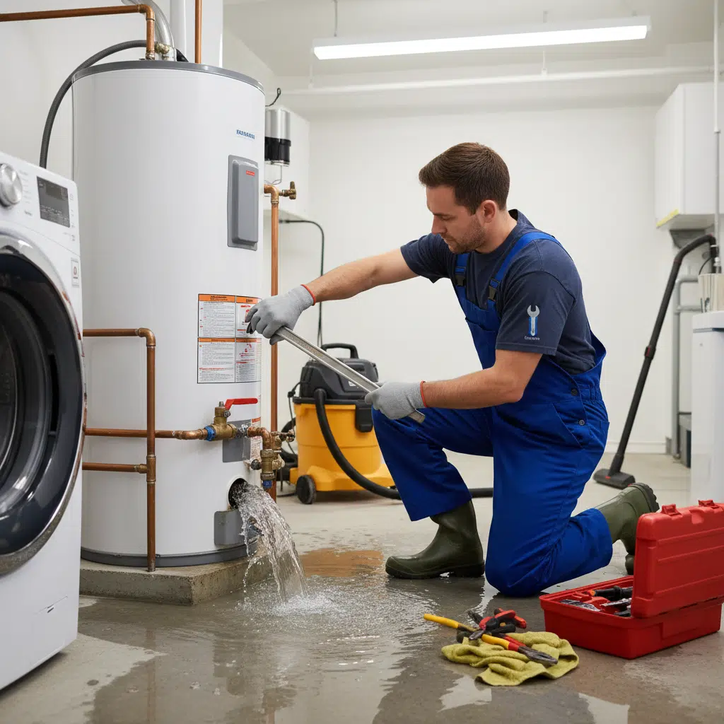 Plumber responding to emergency water heater leak