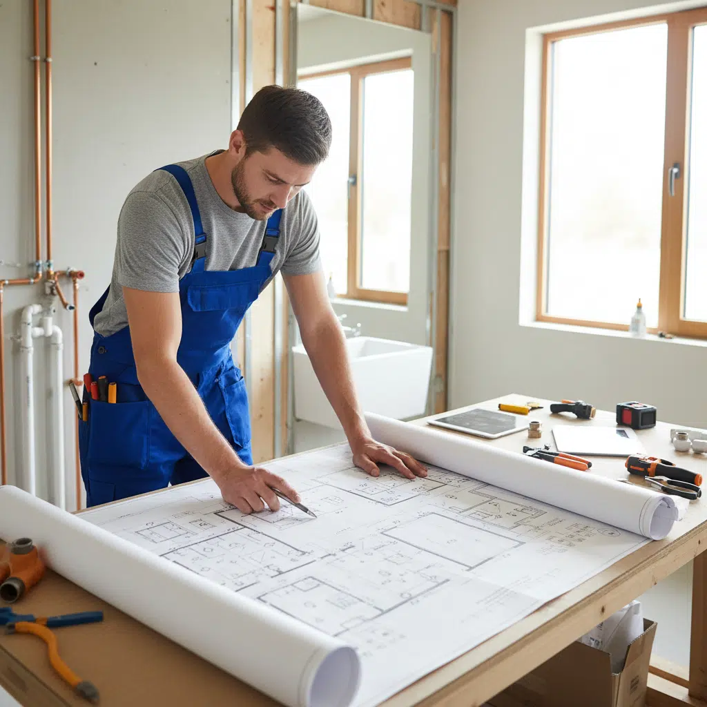 Plumber reviewing bathroom remodel plumbing plans