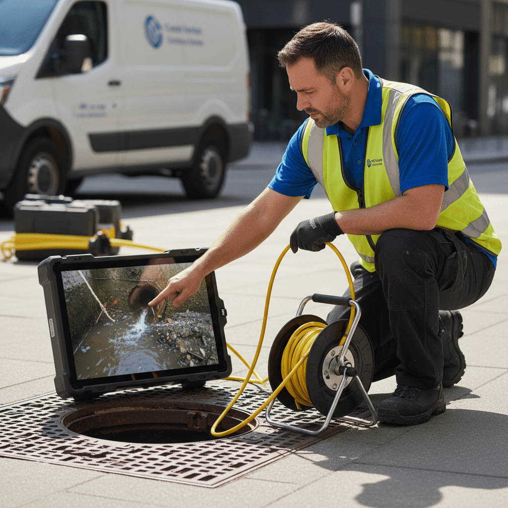 Plumber reviewing sewer camera inspection footage to diagnose drain problems in Marco Island, Florida