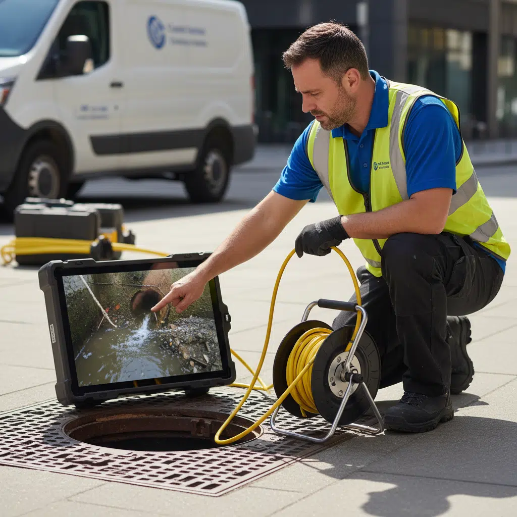 Plumber reviewing sewer camera inspection footage to diagnose drain problems in Marco Island, Florida