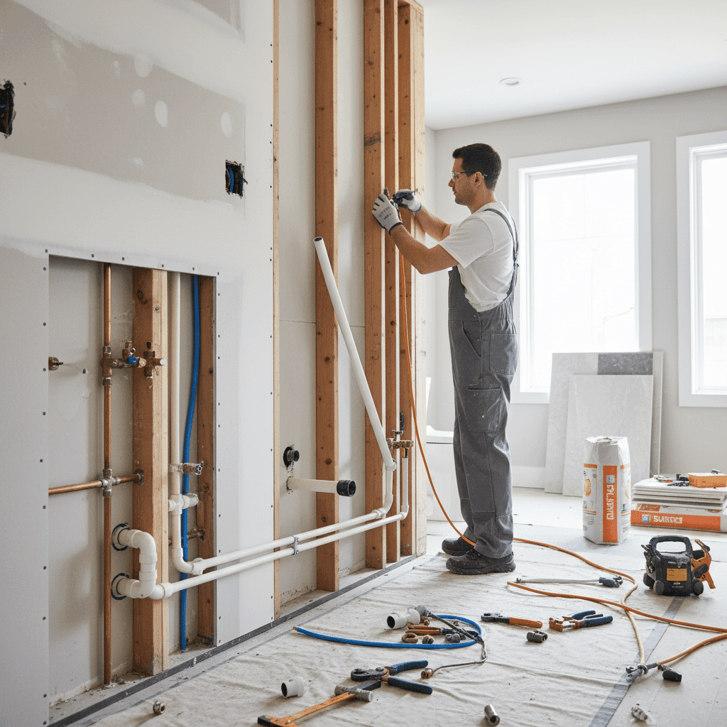 Plumber routing new pipes through bathroom walls