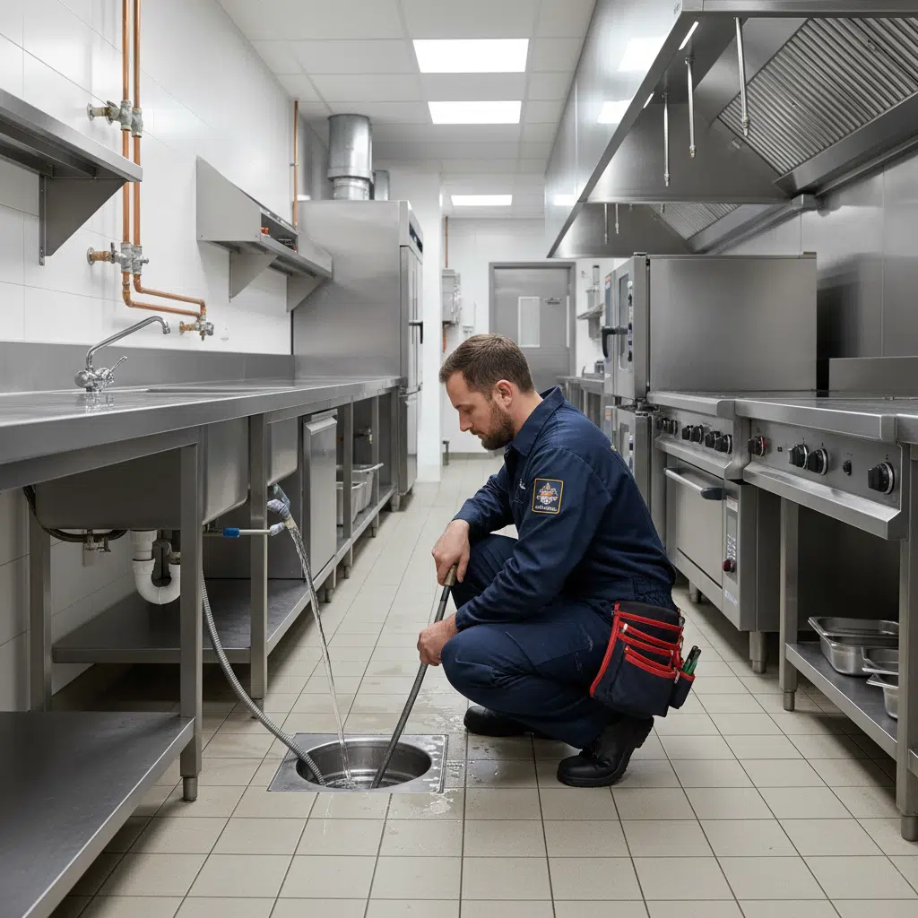 Professional plumber servicing commercial drains in a Fort Myers restaurant