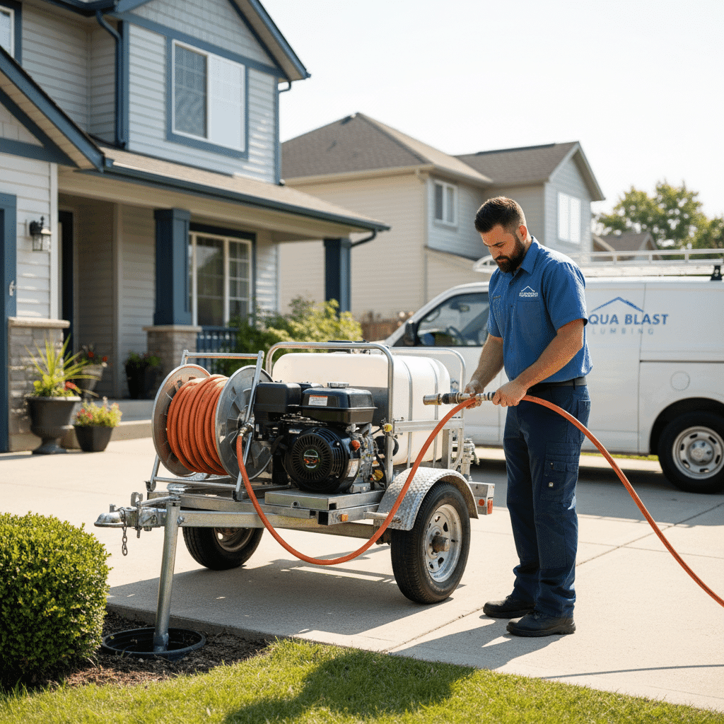 Plumber setting up hydro jetting equipment at home driveway in Estero, Florida