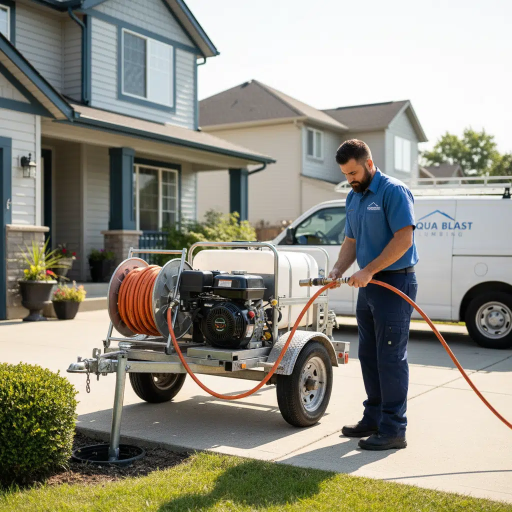 Professional plumber setting up hydro jetting equipment in Fort Myers home driveway