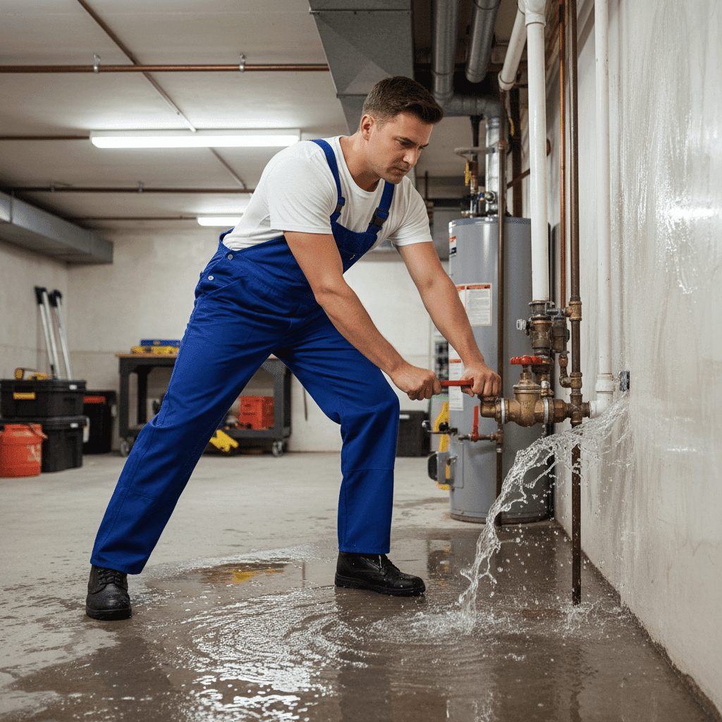 Plumber shutting off the main water valve quickly during an emergency in Fort Myers, Florida