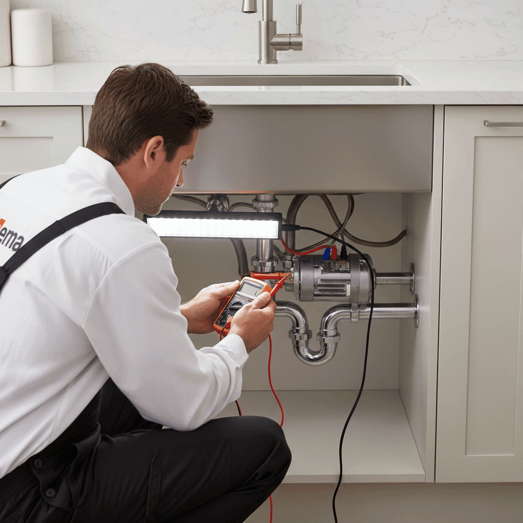 Plumber testing garbage disposal motor with multimeter