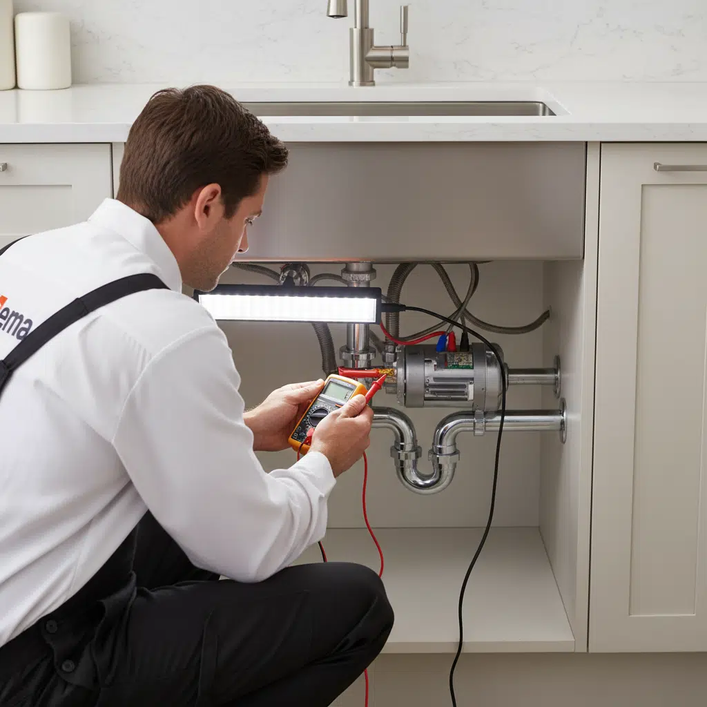 Plumber testing garbage disposal motor with multimeter