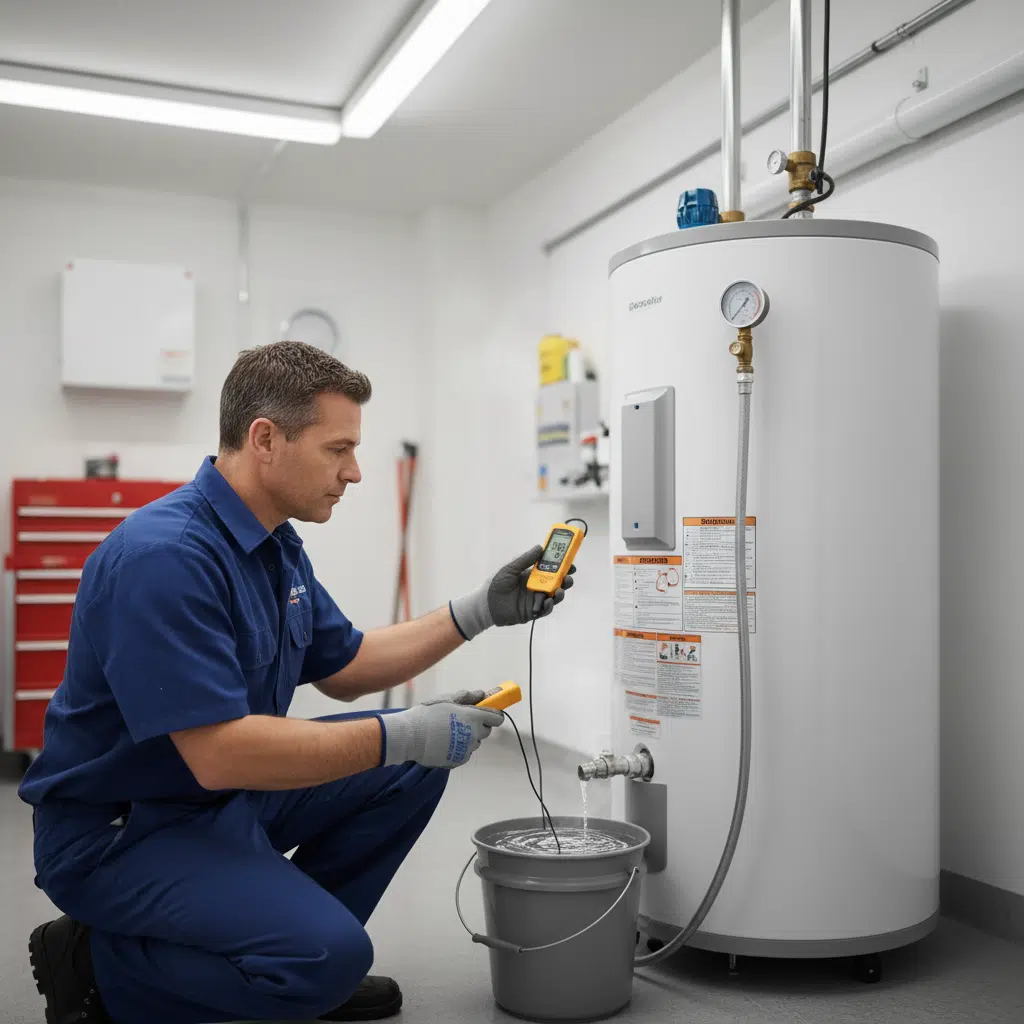 Plumber Testing Water Heater Annual Checkup in Fort Myers FL