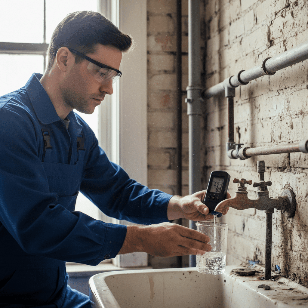 Plumber testing water quality from aging pipes