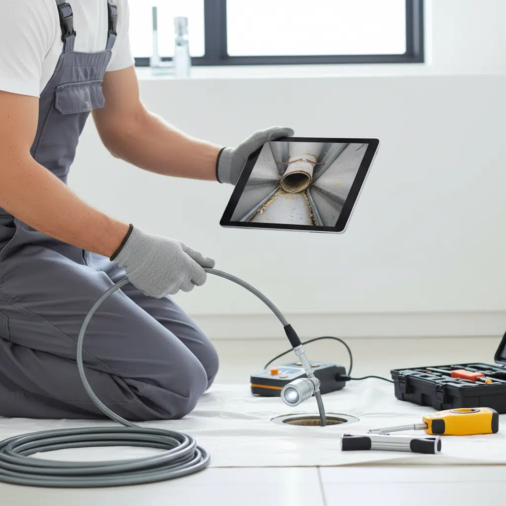 Plumber performing sewer line video camera inspection in Fort Myers, Florida