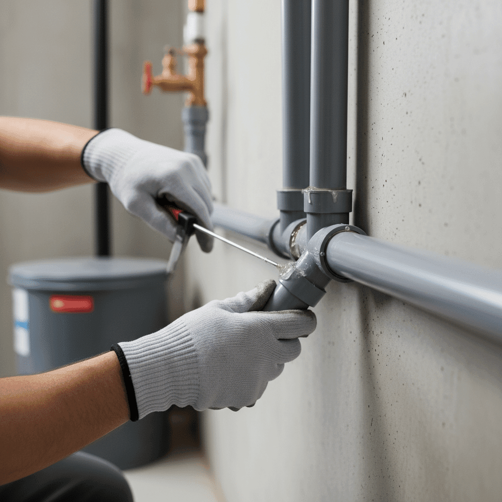 Professional drain pipe connections being properly sealed