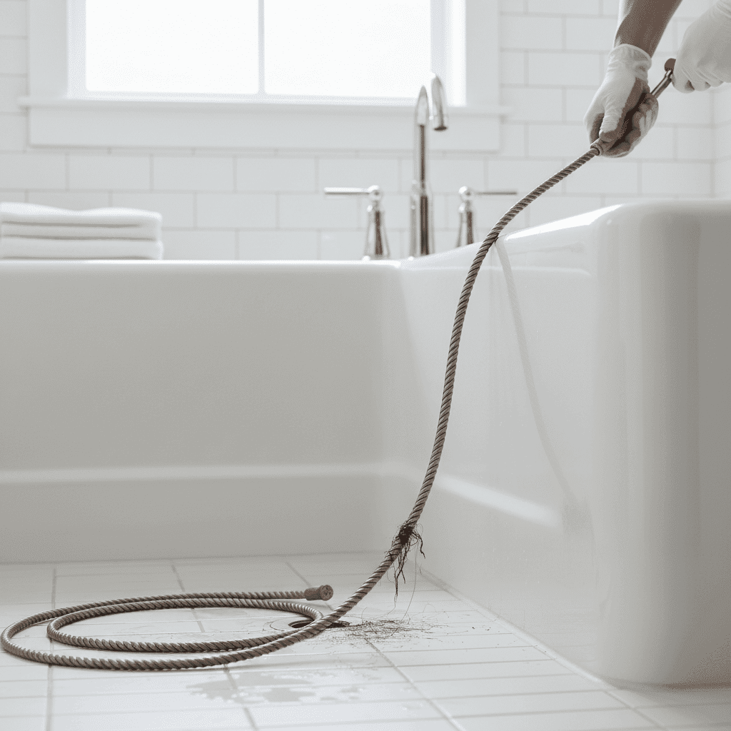 Professional drain snake clearing bathtub blockage