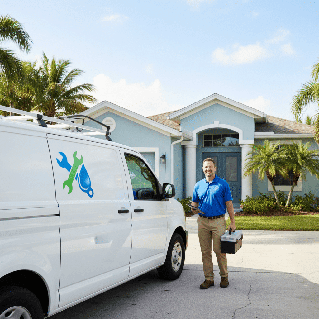 Professional plumber arriving at Fort Myers home for service