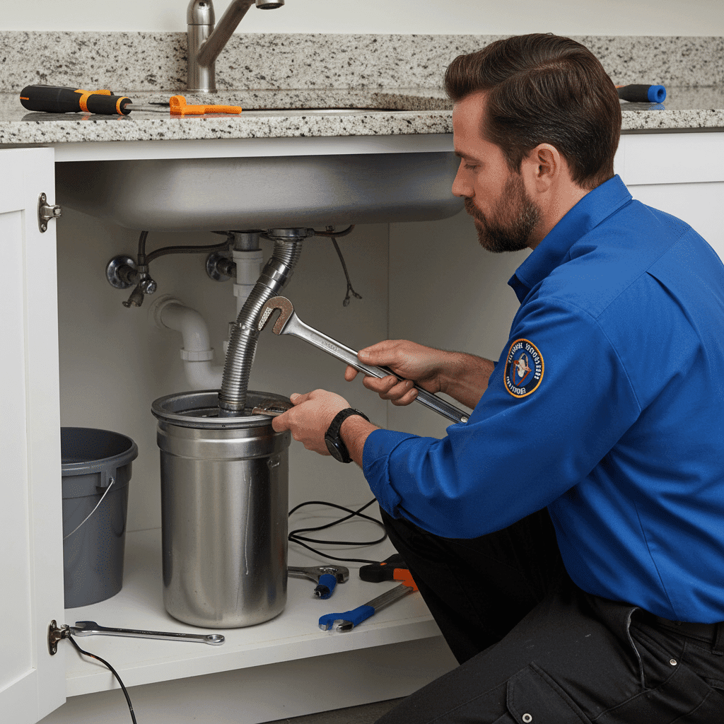 Professional plumber correcting DIY garbage disposal installation