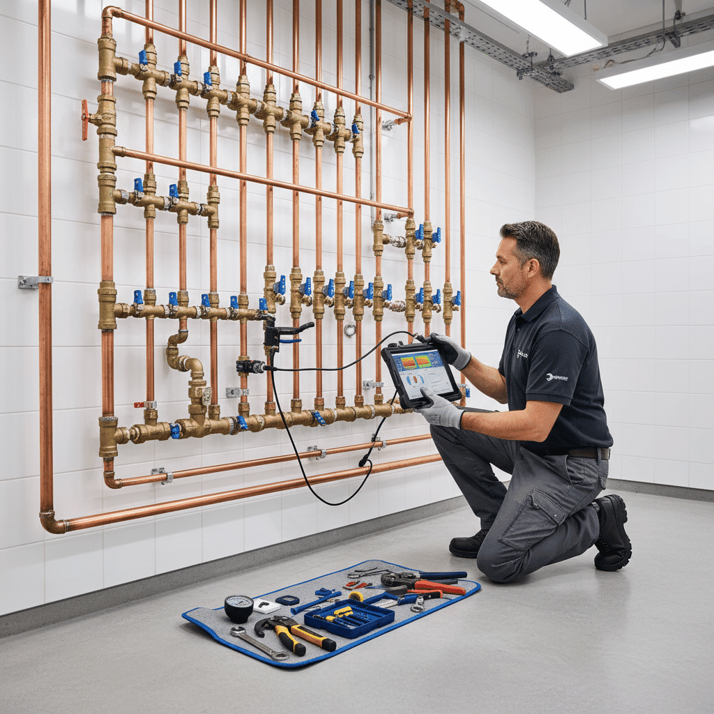 Professional plumber diagnosing complex plumbing system