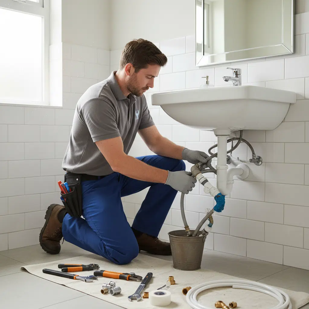 Professional plumber repairing amateur bathroom plumbing work in Fort Myers, Florida