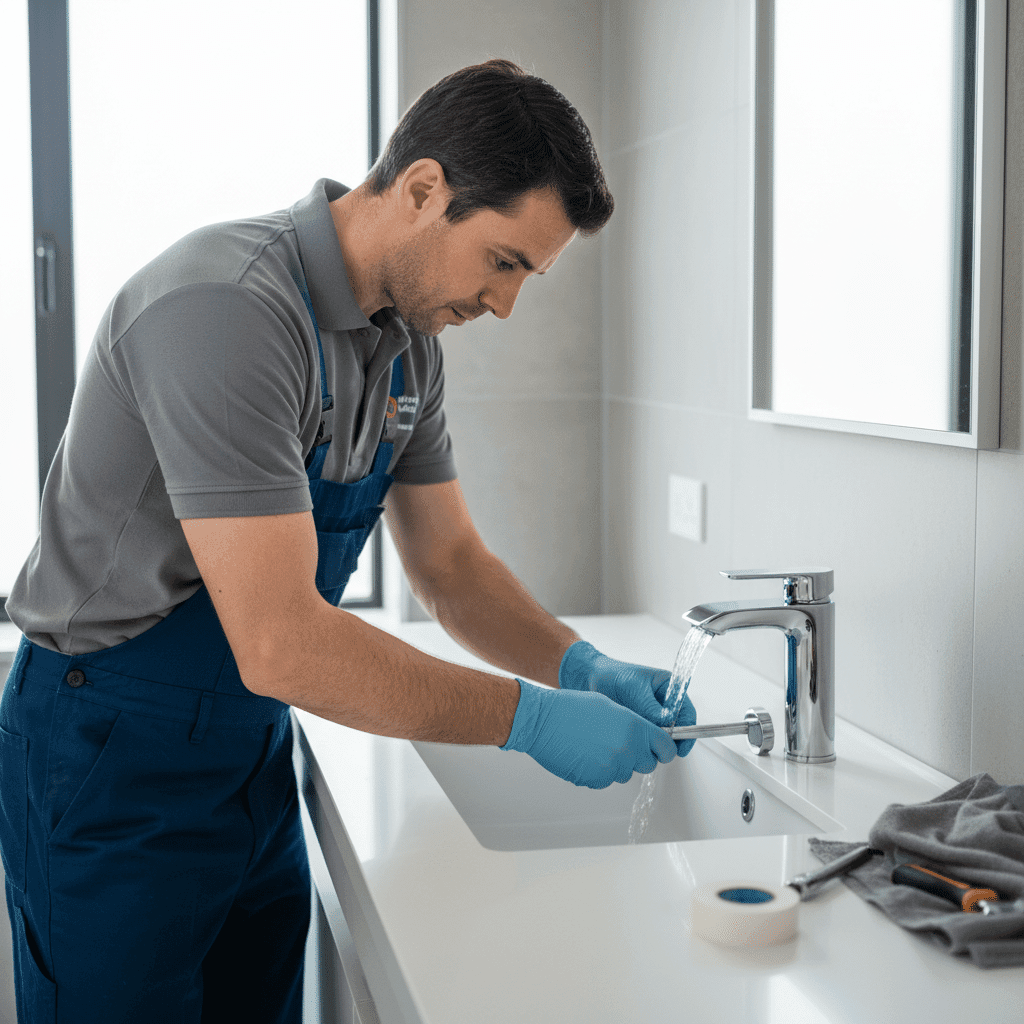 Professional plumber installing modern bathroom faucet