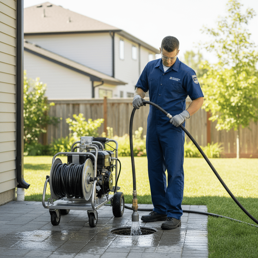 Professional plumber operating hydro jetting equipment at a Fort Myers residential property