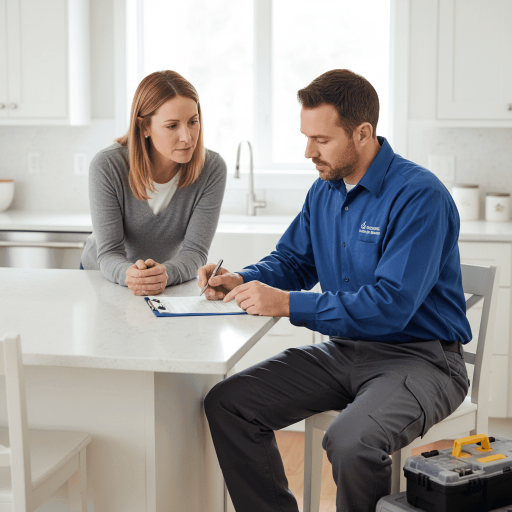 Professional plumber providing written estimate to homeowner