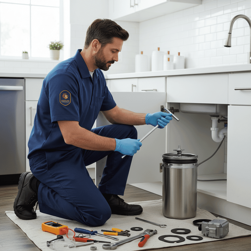 Professional plumber with specialized garbage disposal repair tools