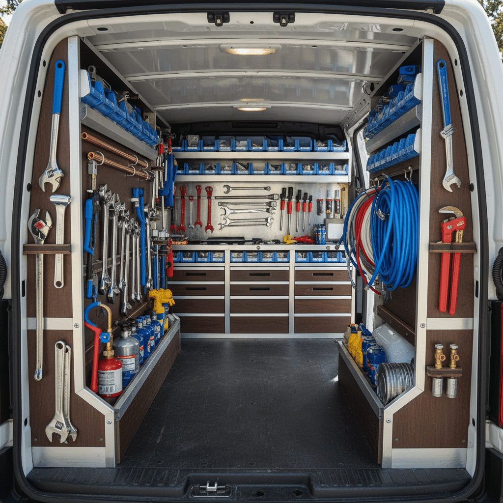 Professional plumbing tools and equipment organized