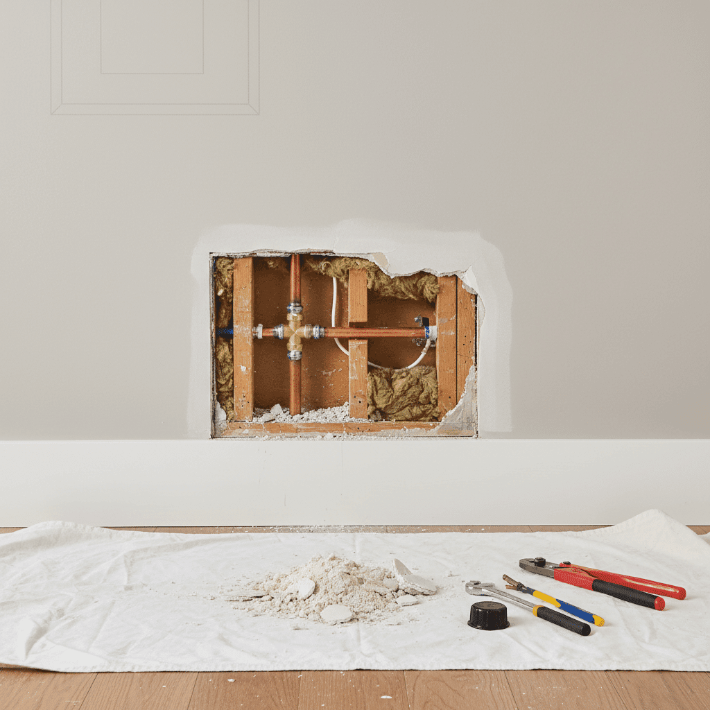 Repaired hidden pipe leak with wall opened for access