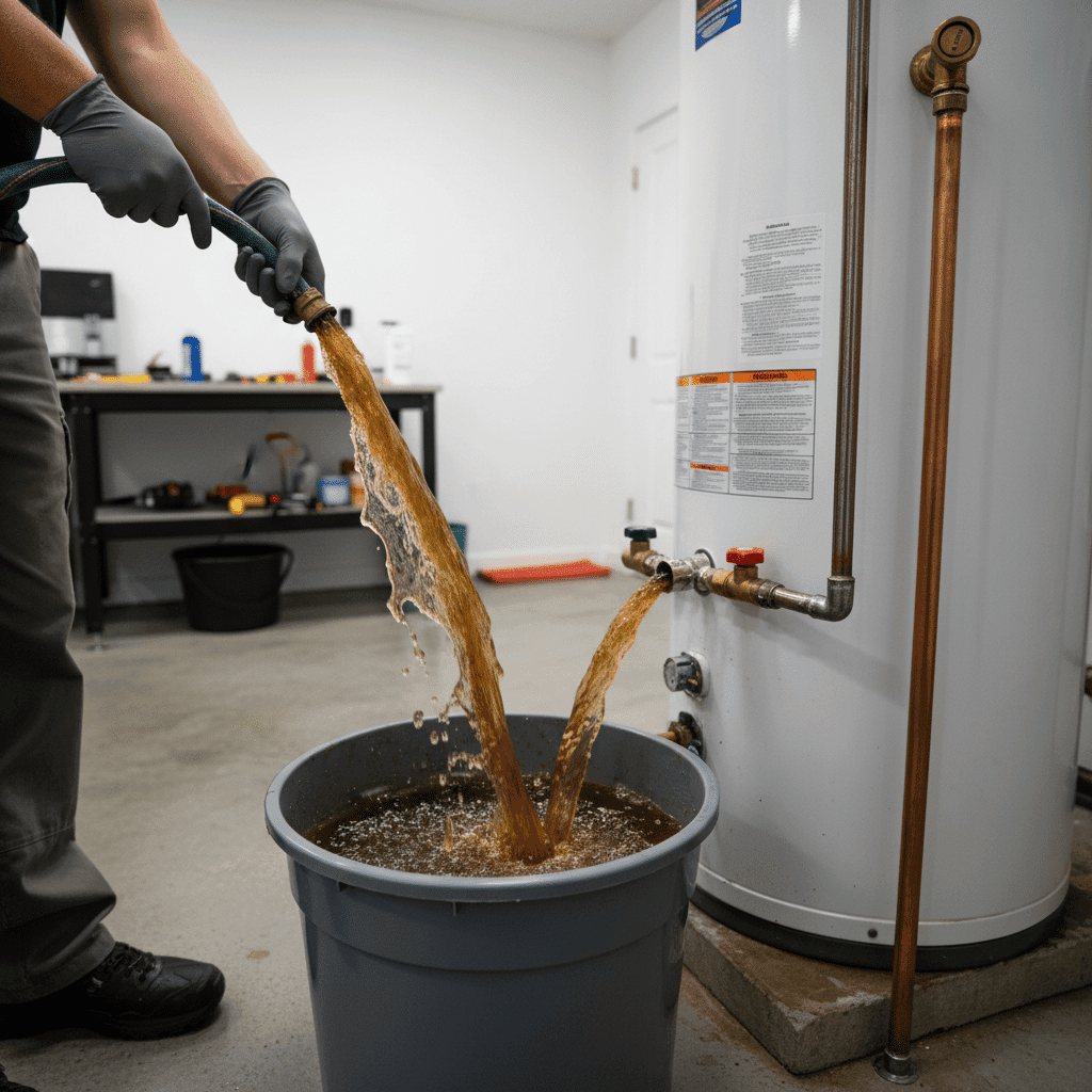 Sediment buildup being flushed from water heater tank during Fort Myers maintenance