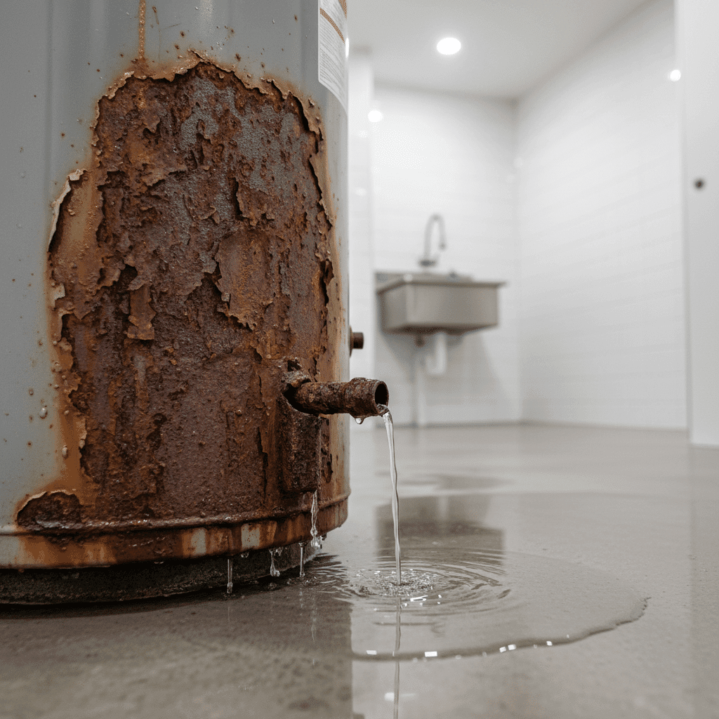 Severely rusted water heater leaking at bottom needing replacement