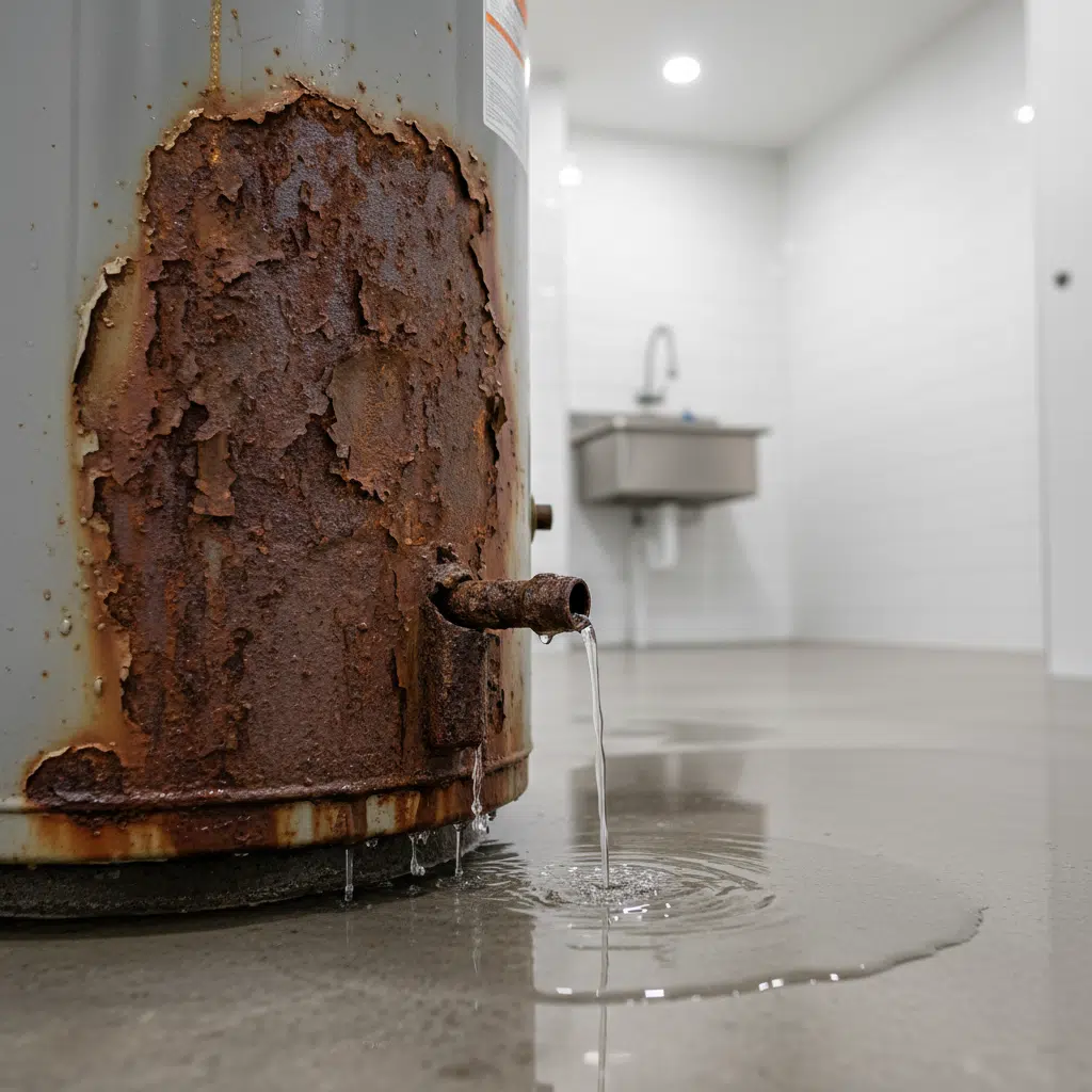 Severely rusted water heater leaking at bottom needing replacement