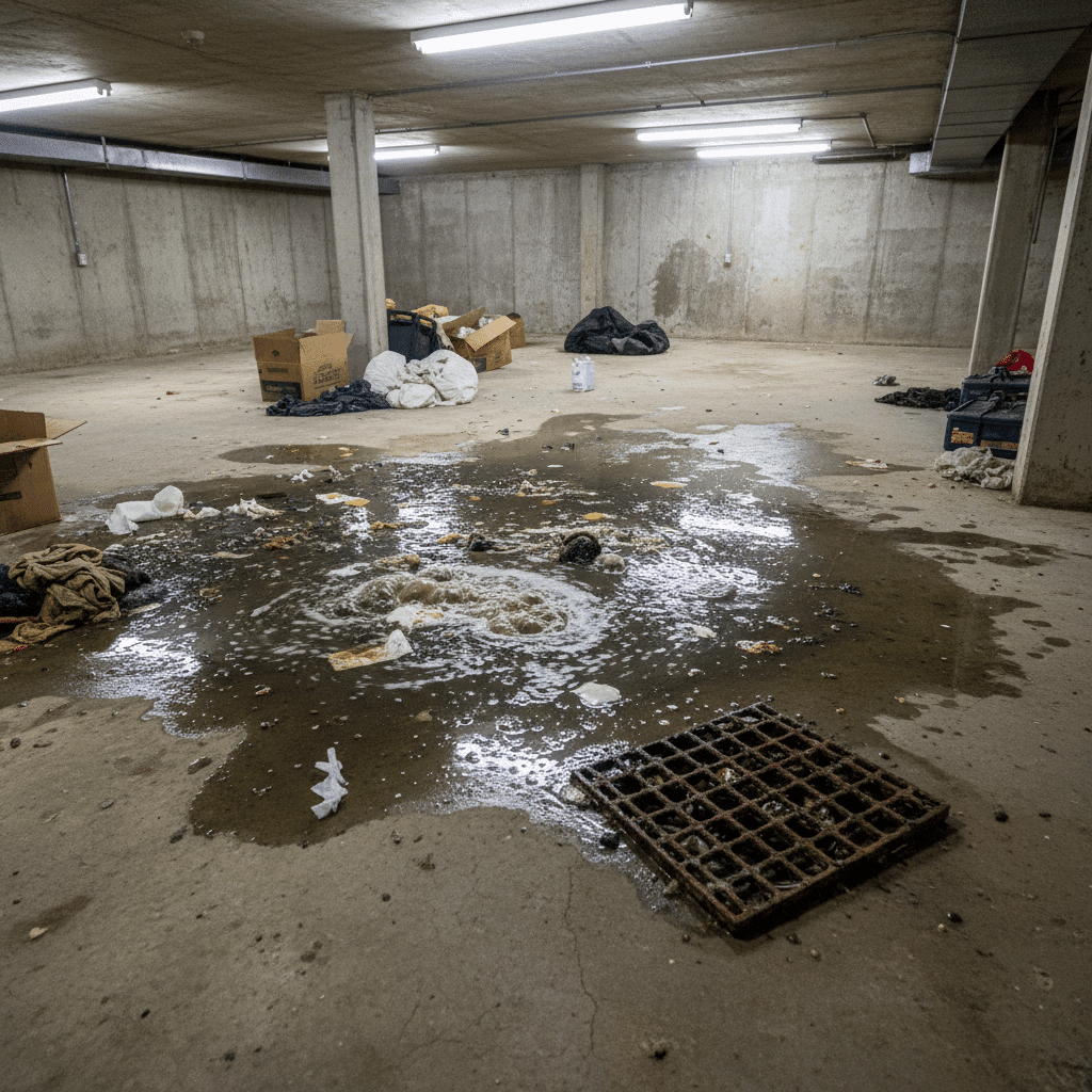 Sewage backup in basement floor drain needing emergency service
