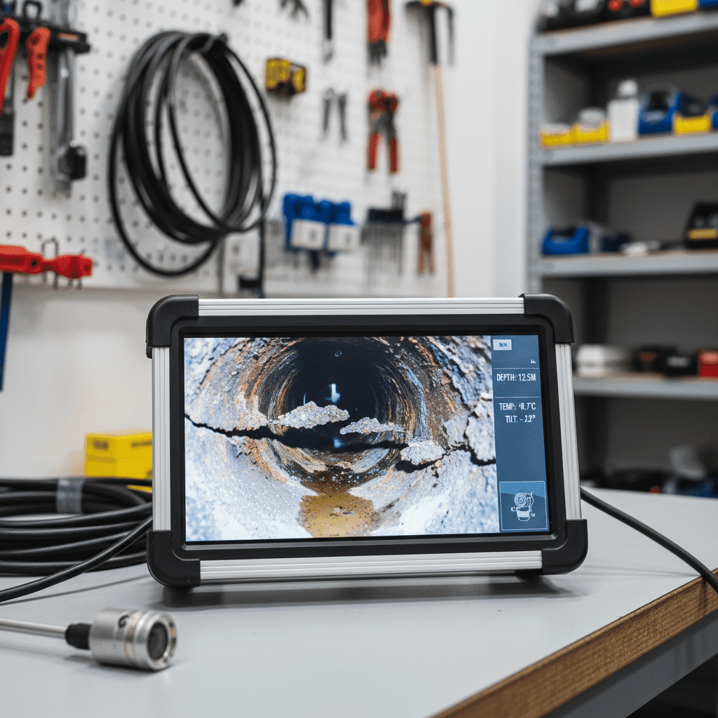 Professional sewer camera inspection showing pipe damage on monitor