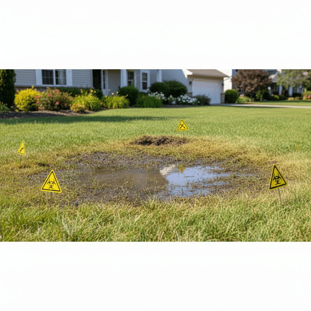 Warning signs of sewer line damage with wet spot in Fort Myers yard