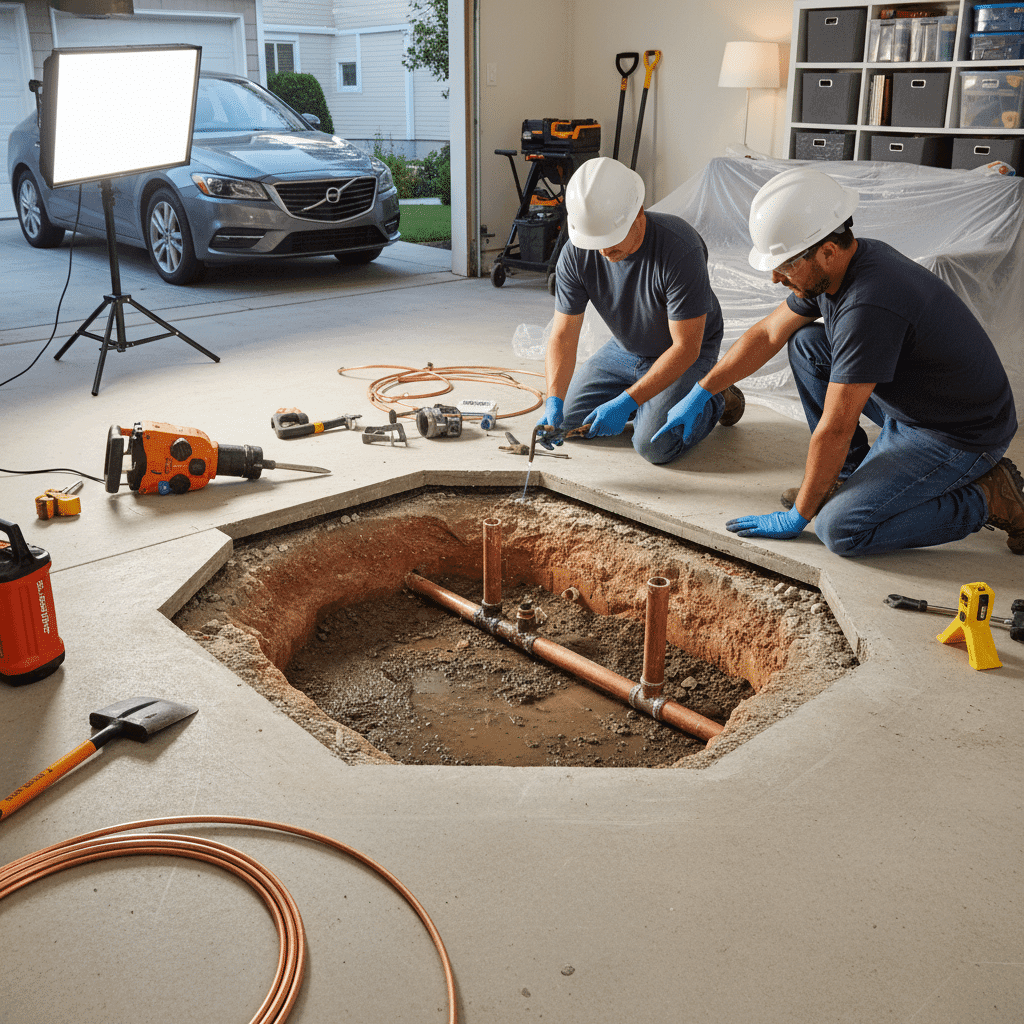 Slab leak repair with exposed concrete and pipe access point