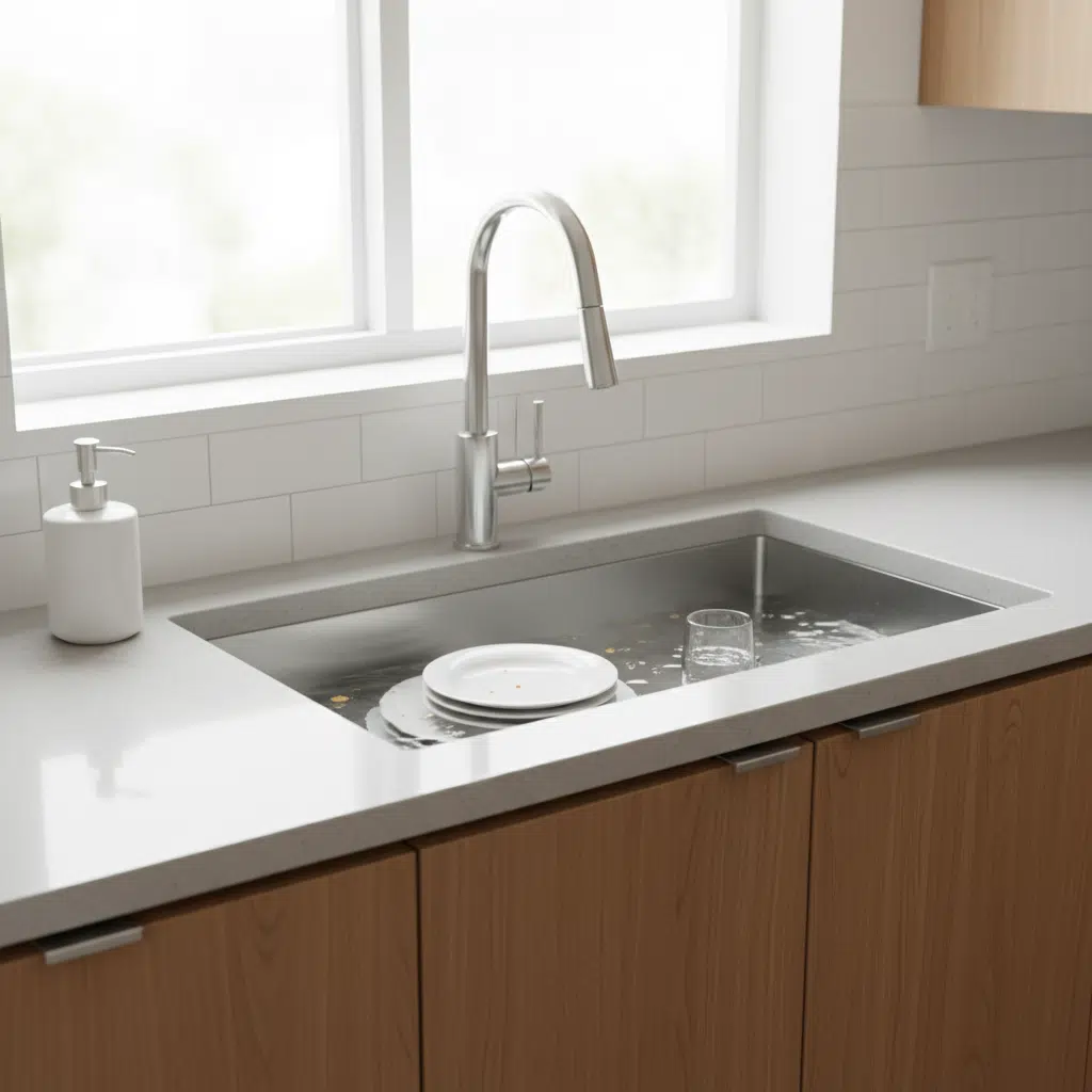 Slow-draining kitchen sink with standing water indicating need for hydro jetting