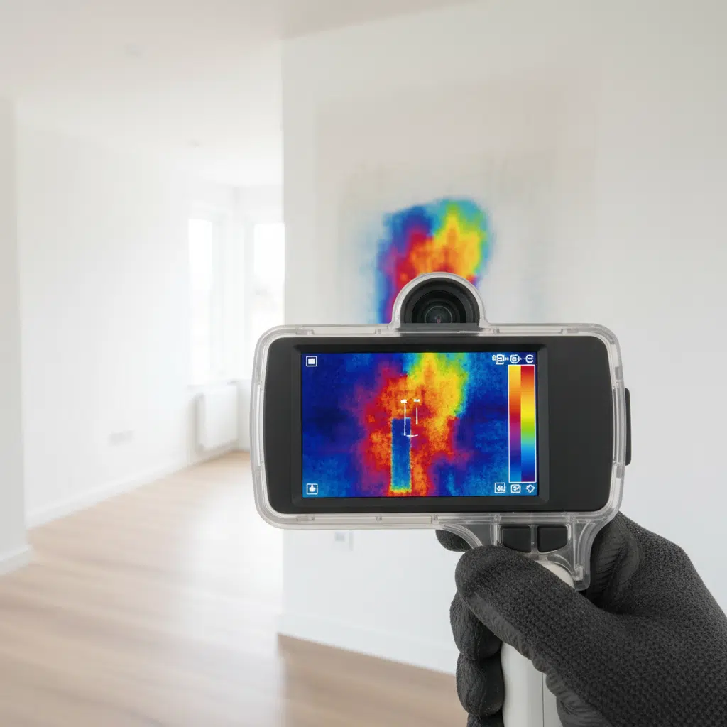 Thermal imaging camera revealing hidden water leak behind wall
