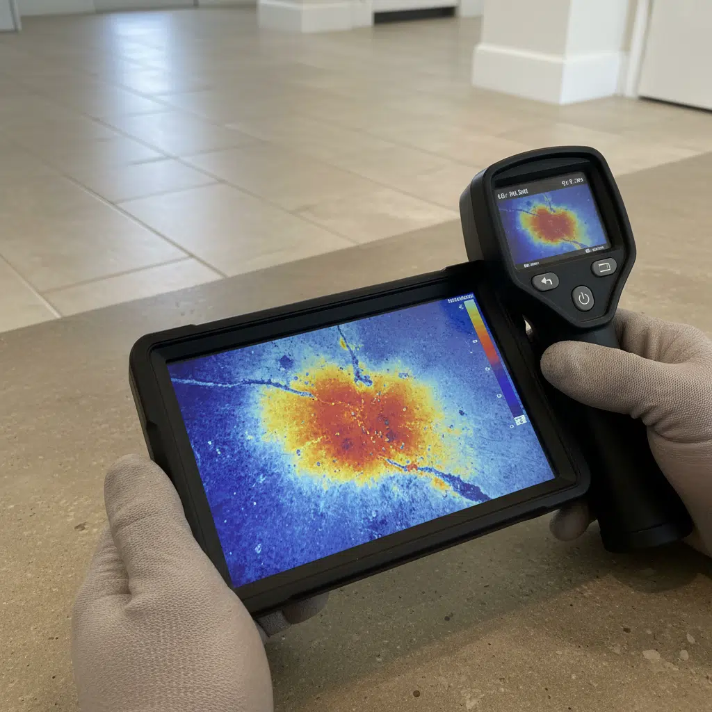 Thermal imaging camera showing hot spot from hidden slab leak beneath foundation in Florida home