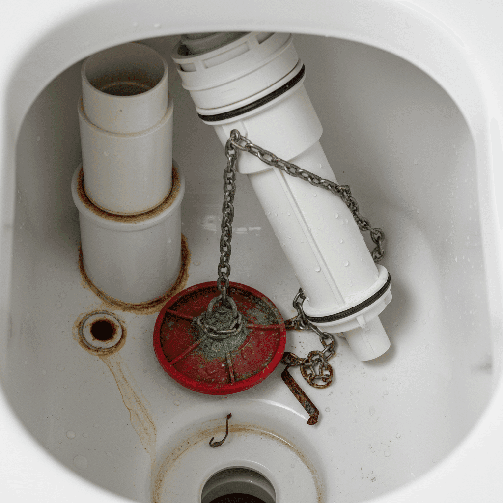 Close-up of toilet fill valve and flapper mechanism needing repair