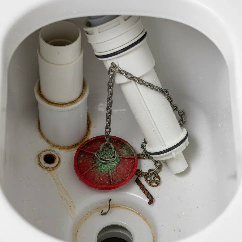 Close-up of toilet fill valve and flapper mechanism needing repair