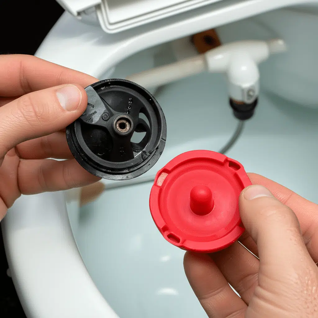 Replacing a worn toilet flapper with a new one to fix a running toilet