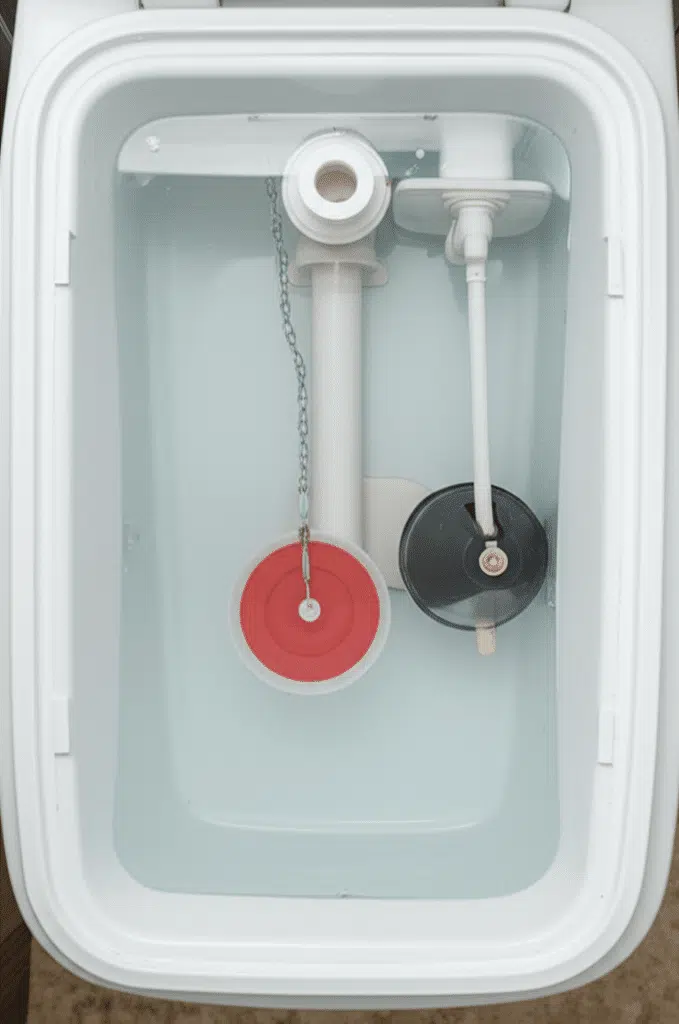 Interior of a toilet tank showing flapper and fill valve mechanism in Fort Myers, Florida