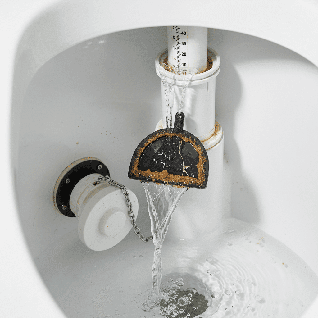 Toilet tank interior showing worn flapper valve causing running water
