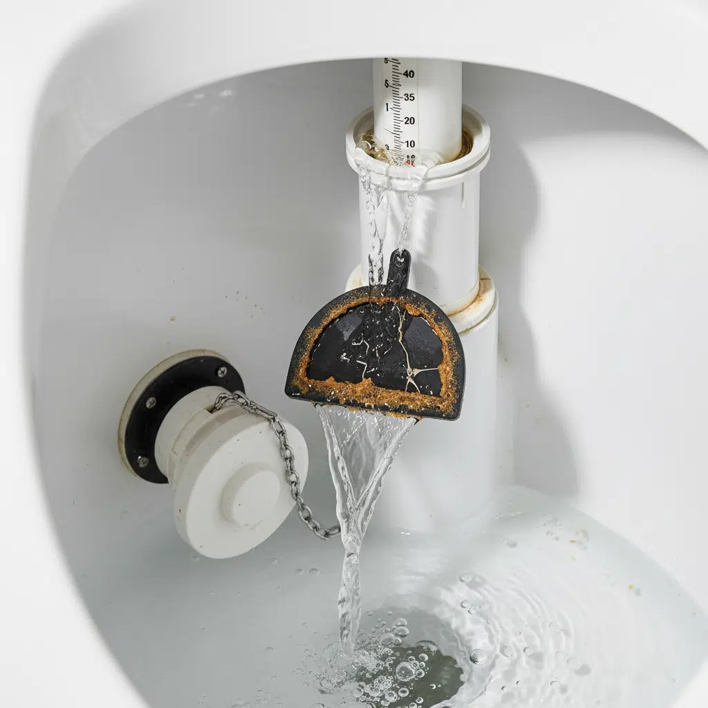 Toilet tank interior showing worn flapper valve causing running water