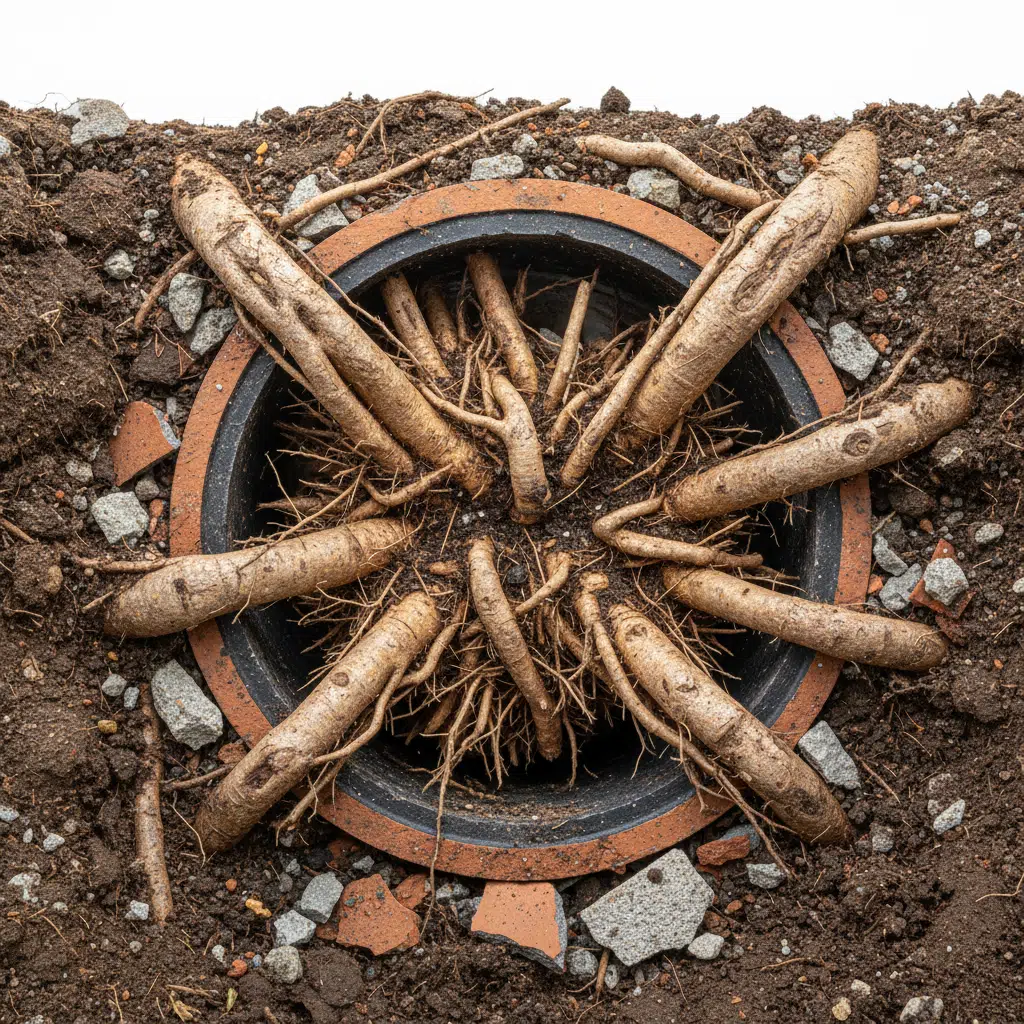 Tree roots growing into and damaging a sewer pipe requiring hydro jetting removal