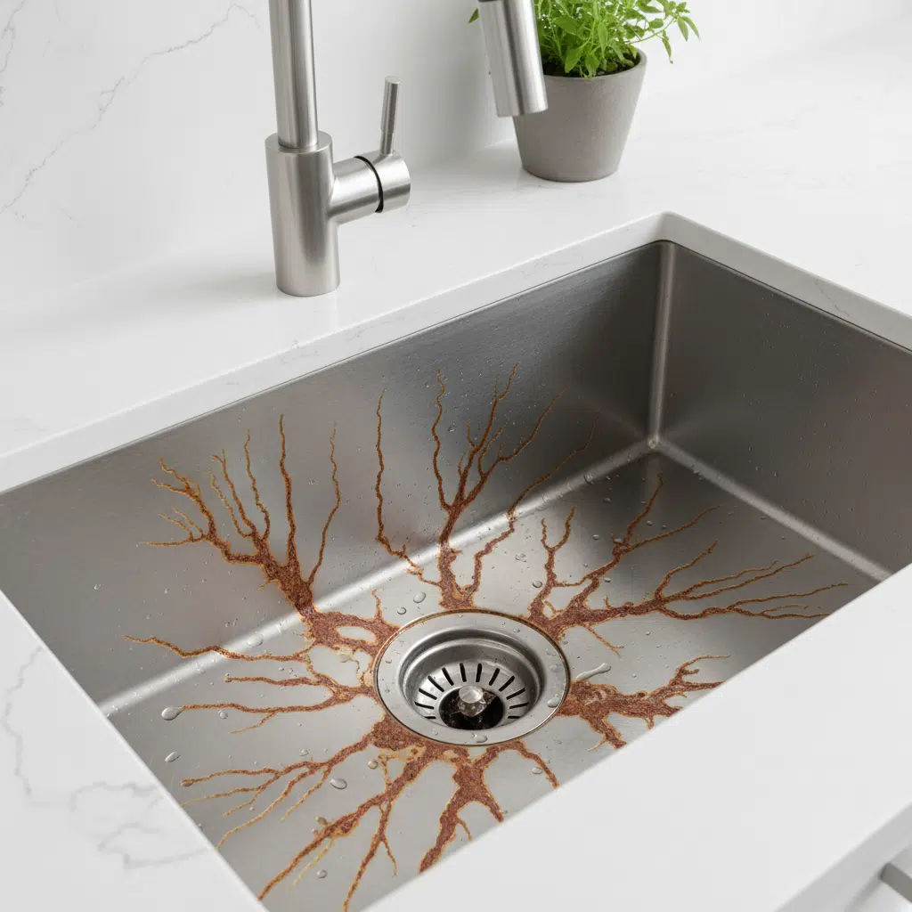 Unusual rust stains in kitchen sink from garbage disposal