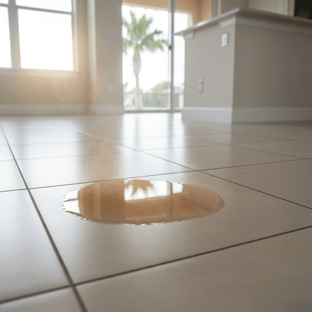 Warm wet spot on tile floor indicating slab leak in Fort Myers home